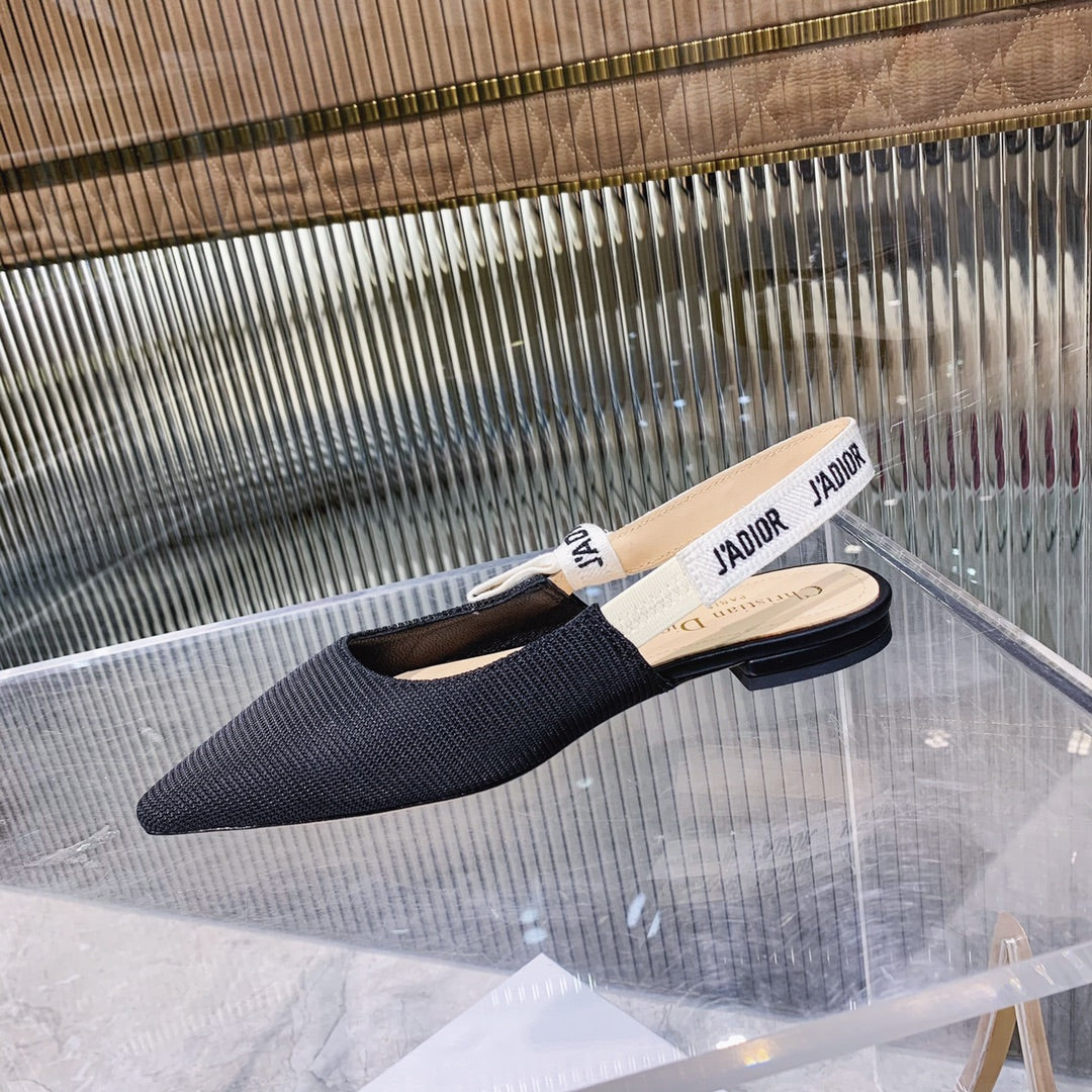 DIOR slingback flat black embroidery cotton ribbon