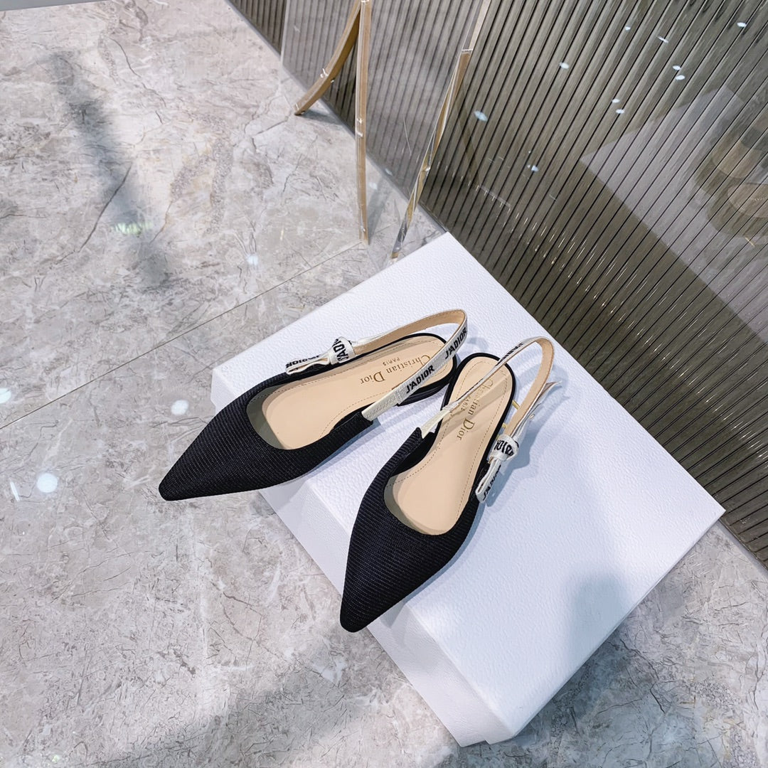 DIOR slingback flat black embroidery cotton ribbon