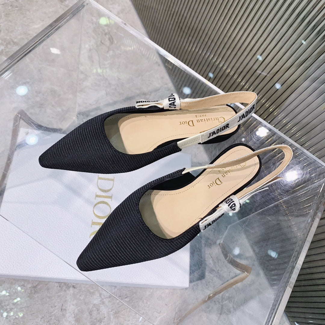 DIOR slingback flat black embroidery cotton ribbon