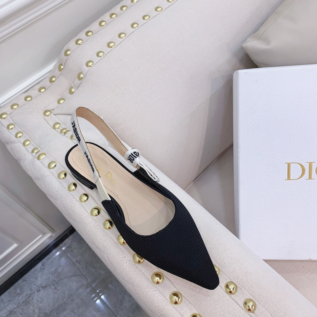 DIOR slingback flat black embroidery cotton ribbon