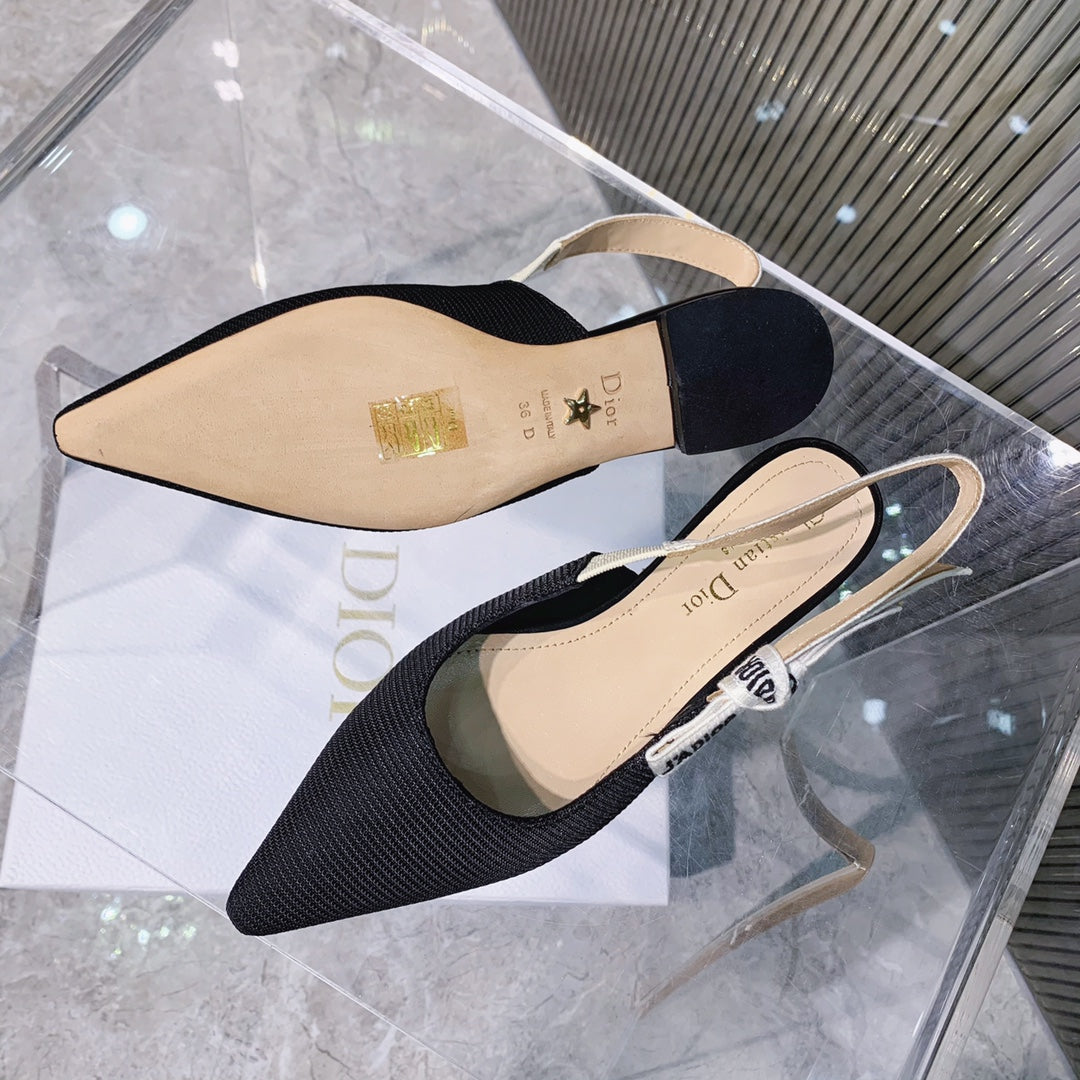 DIOR slingback flat black embroidery cotton ribbon
