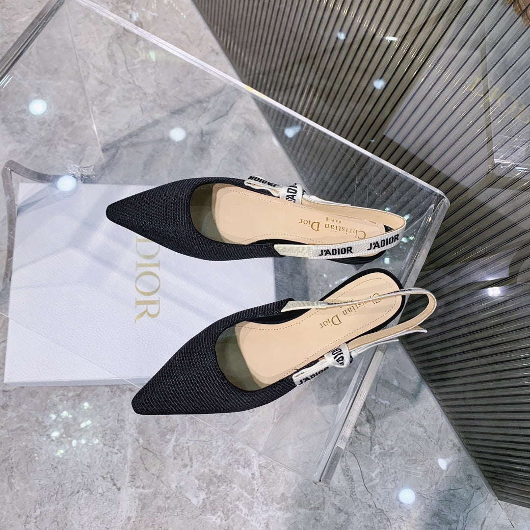 DIOR slingback flat black embroidery cotton ribbon
