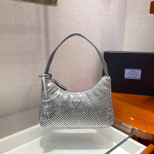 PRADA SPARKLING HOBO BAG 23 IN SILVER NYLON ATTACHED FULLY CRYSTALS