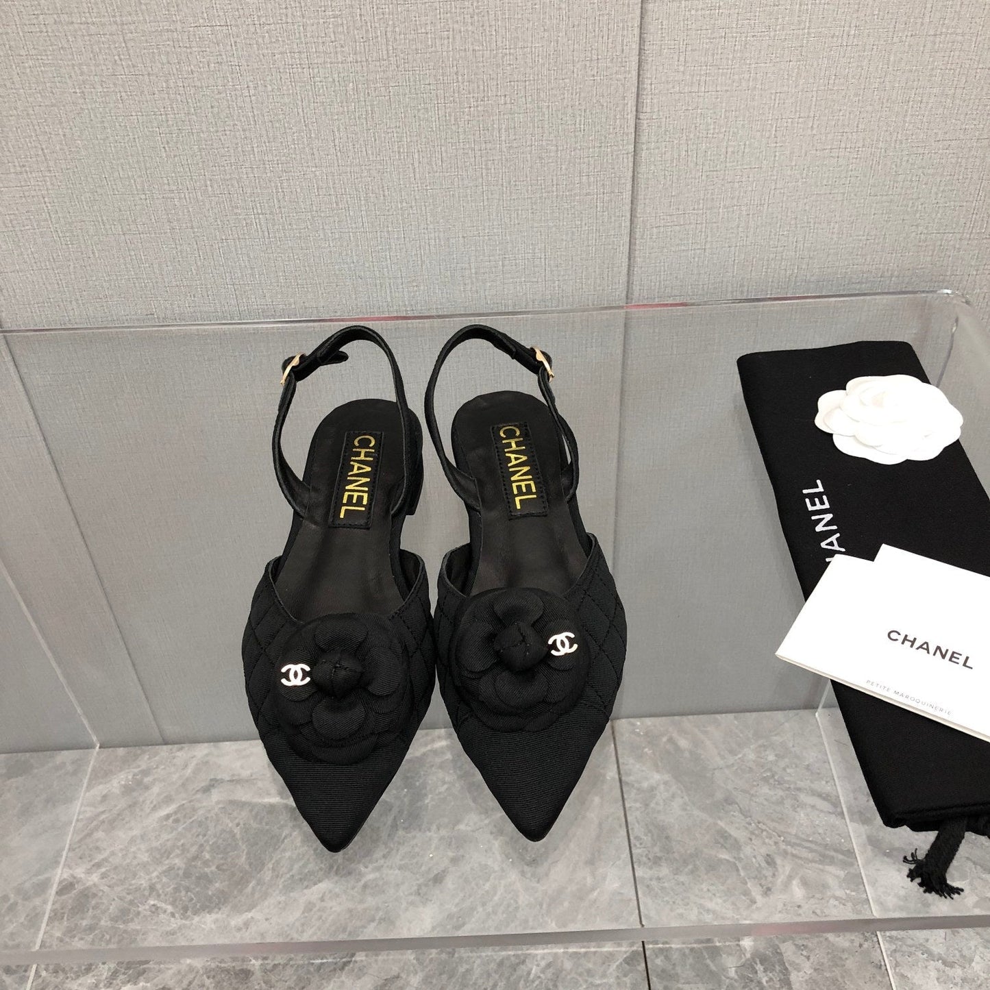 CHANEL 25C 2CM Slingback Flats Black Fabric 213238
