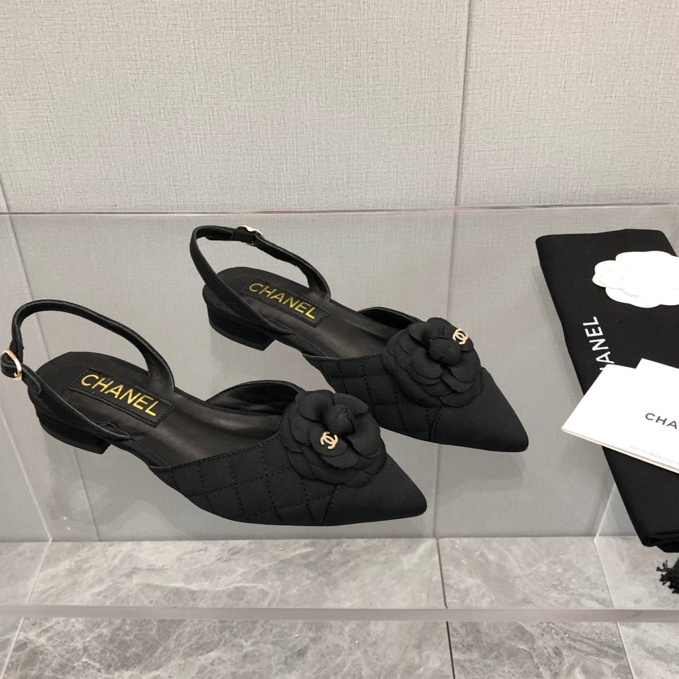 CHANEL 25C 2CM Slingback Flats Black Fabric 213238