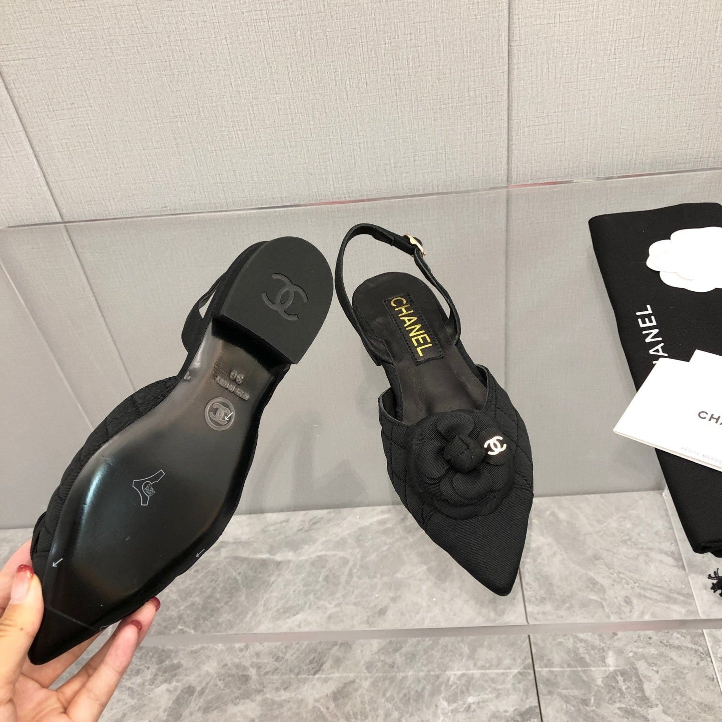 CHANEL 25C 2CM Slingback Flats Black Fabric 213238