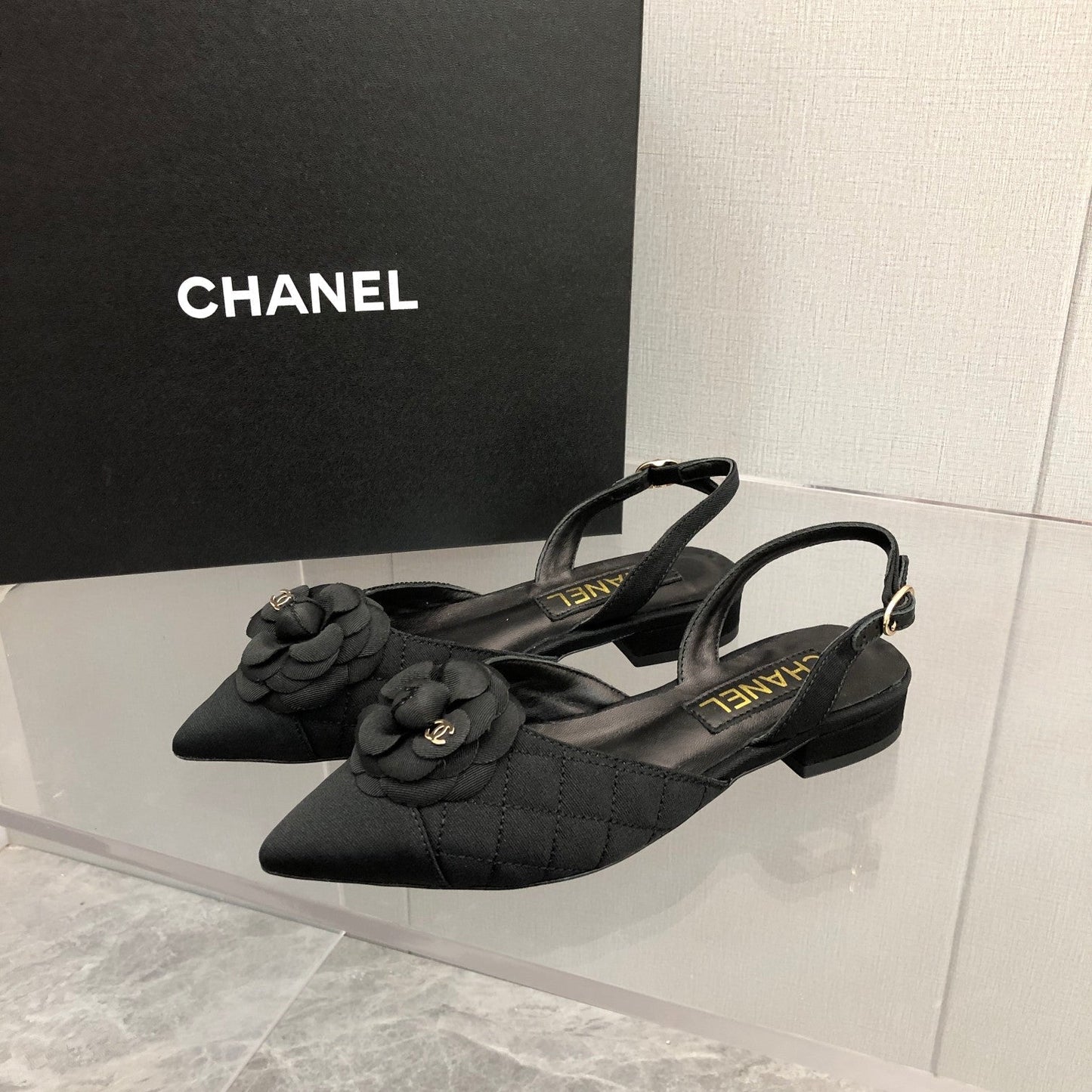 CHANEL 25C 2CM Slingback Flats Black Fabric 213238