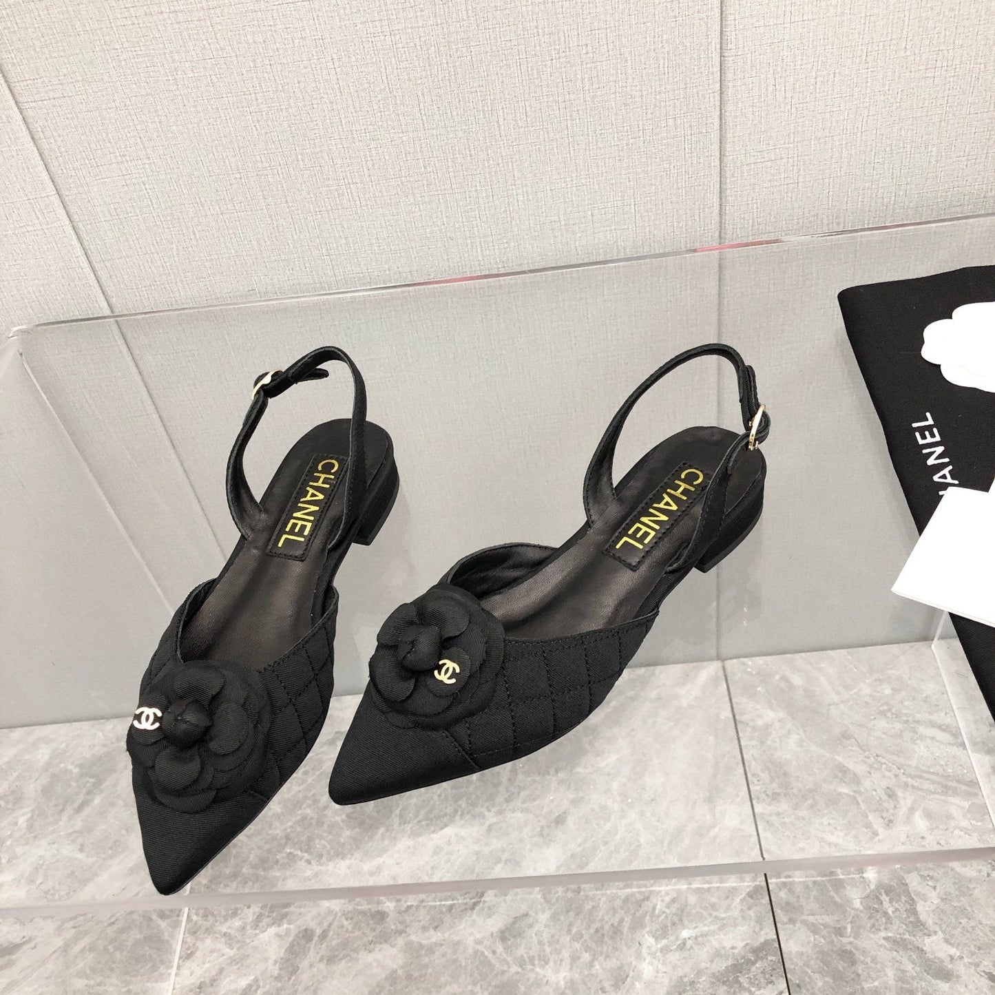 CHANEL 25C 2CM Slingback Flats Black Fabric 213238