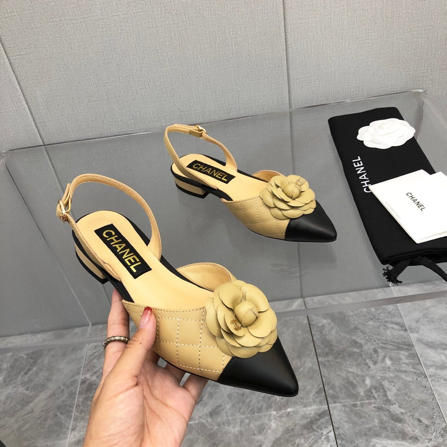CHANEL 25C 2CM Slingback Flats Buff Yellow Leather 213239