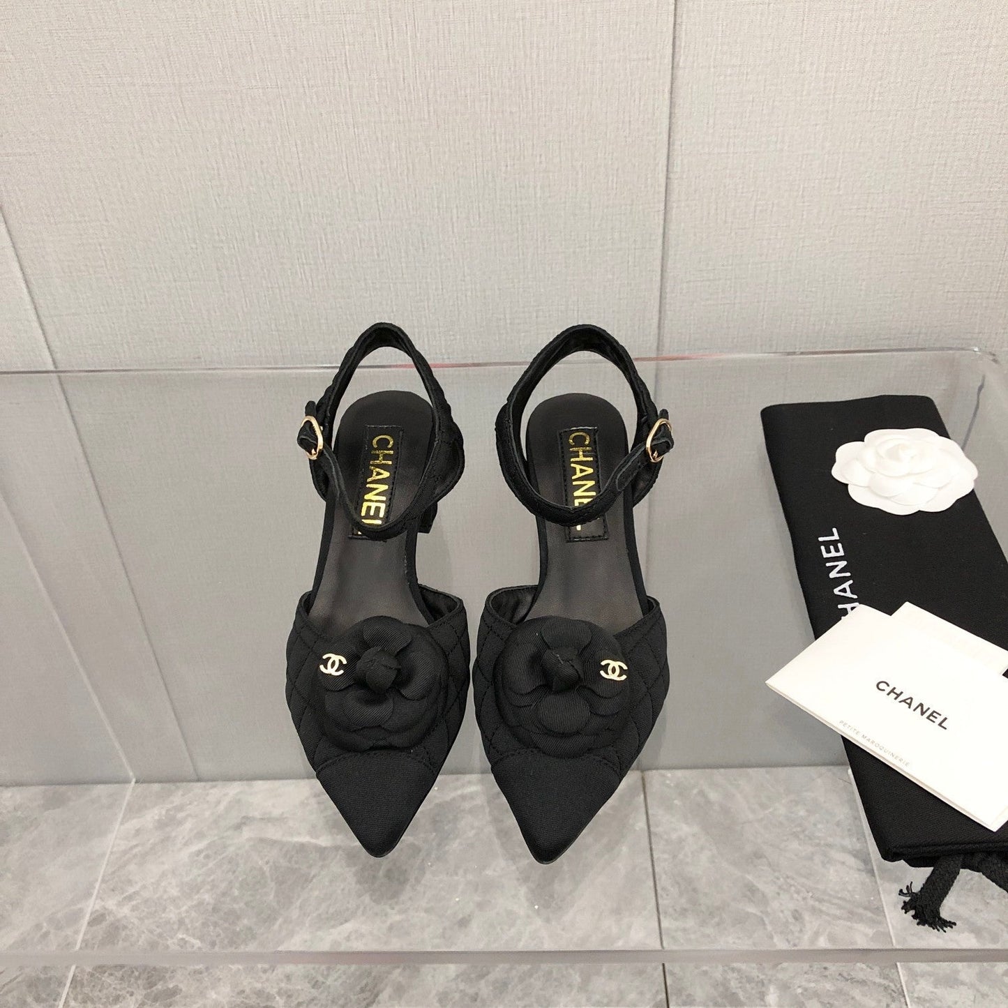 CHANEL 25C 5CM Slingback Flats Black Fabric 213241