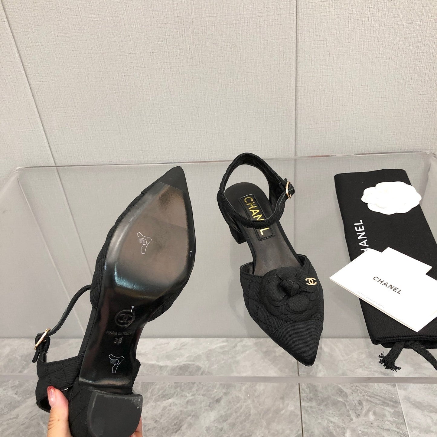 CHANEL 25C 5CM Slingback Flats Black Fabric 213241