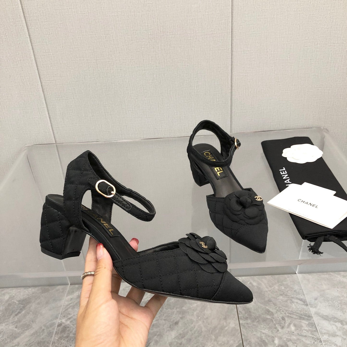 CHANEL 25C 5CM Slingback Flats Black Fabric 213241