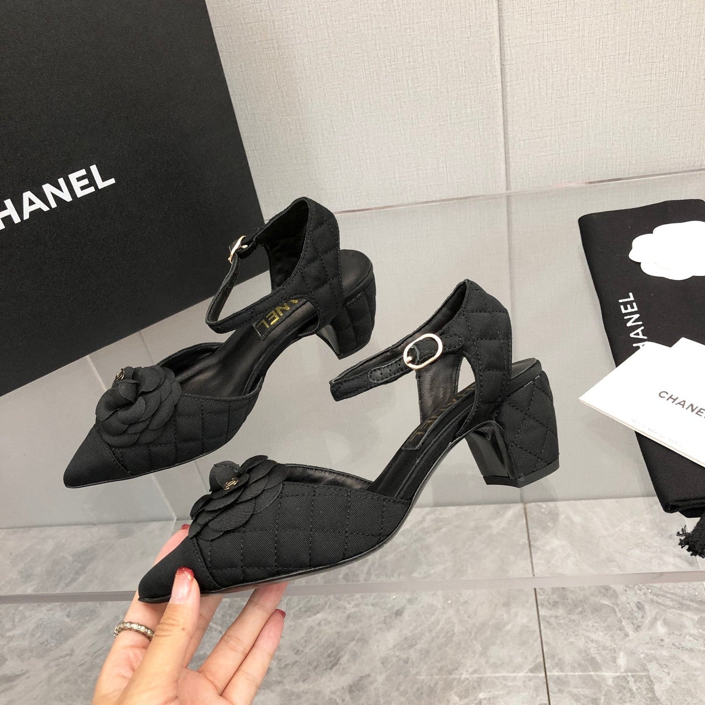 CHANEL 25C 5CM Slingback Flats Black Fabric 213241
