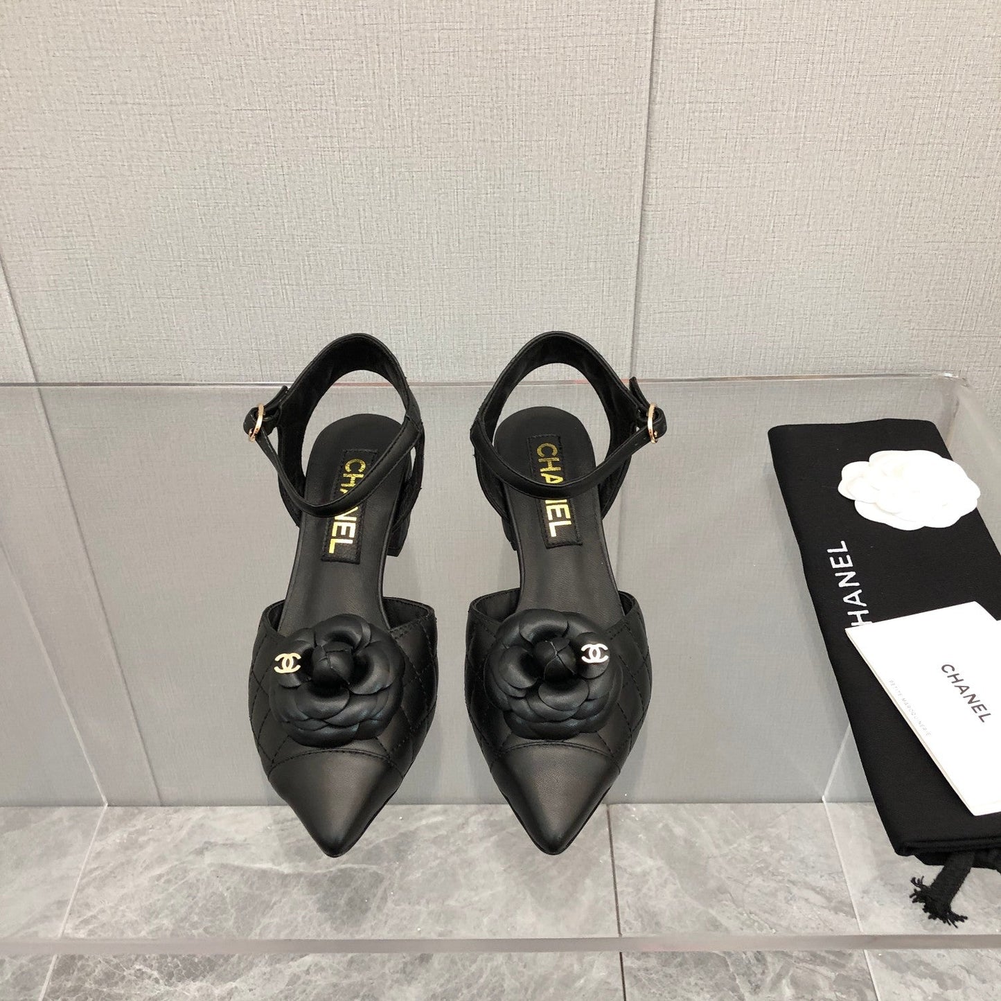 CHANEL 25C 5CM Slingback Flats Black Leather 213242