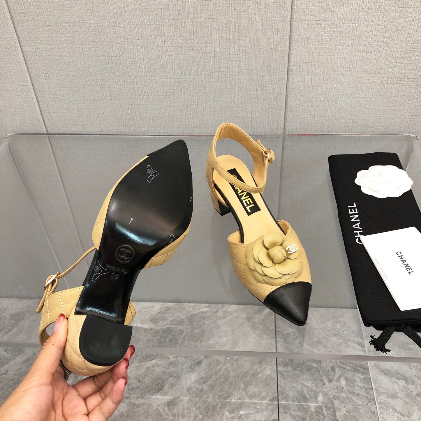 CHANEL 25C 5CM Slingback Flats Buff Yellow Leather 213243