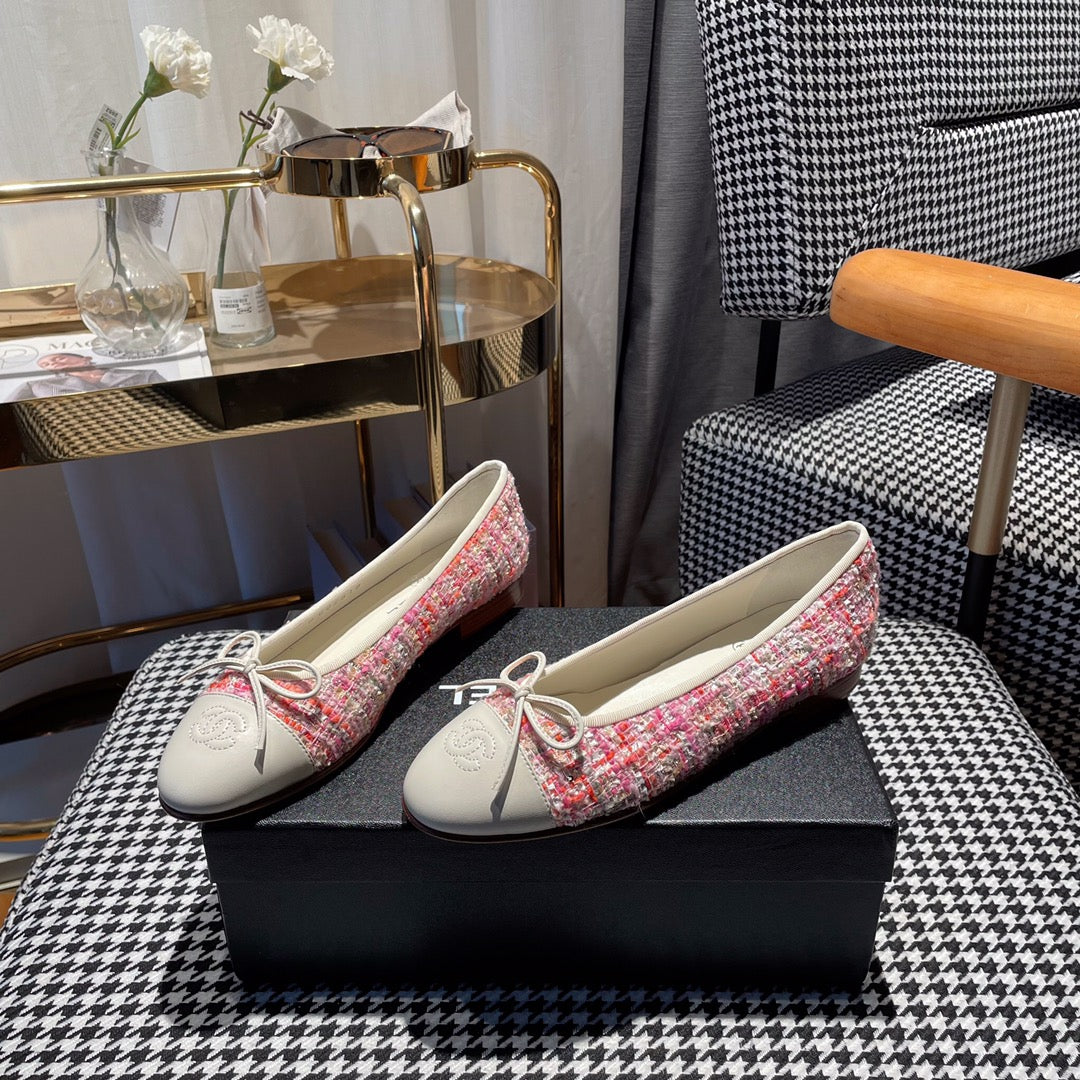 CHANEL ballet flat red pink tweed white calfskin