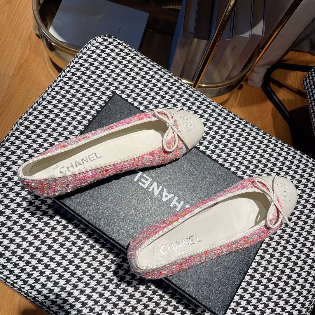 CHANEL ballet flat red pink tweed white calfskin