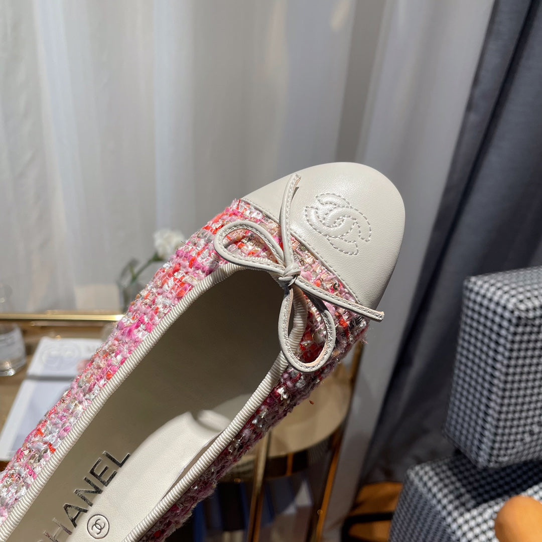 CHANEL ballet flat red pink tweed white calfskin