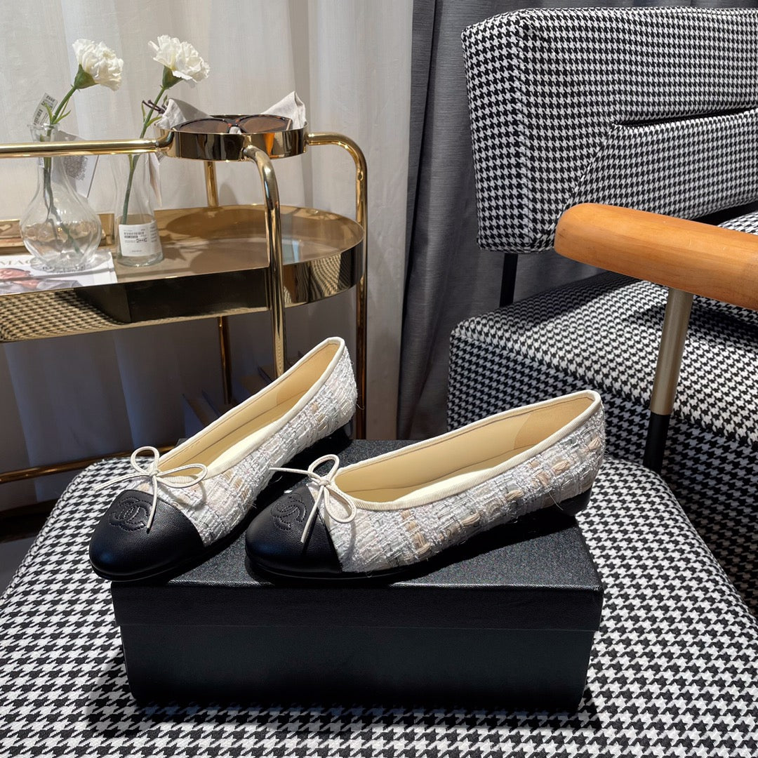 CHANEL ballet flat gold white tweed black calfskin