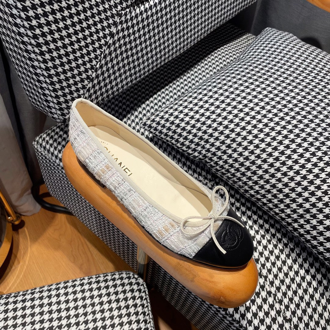 CHANEL ballet flat gold white tweed black calfskin