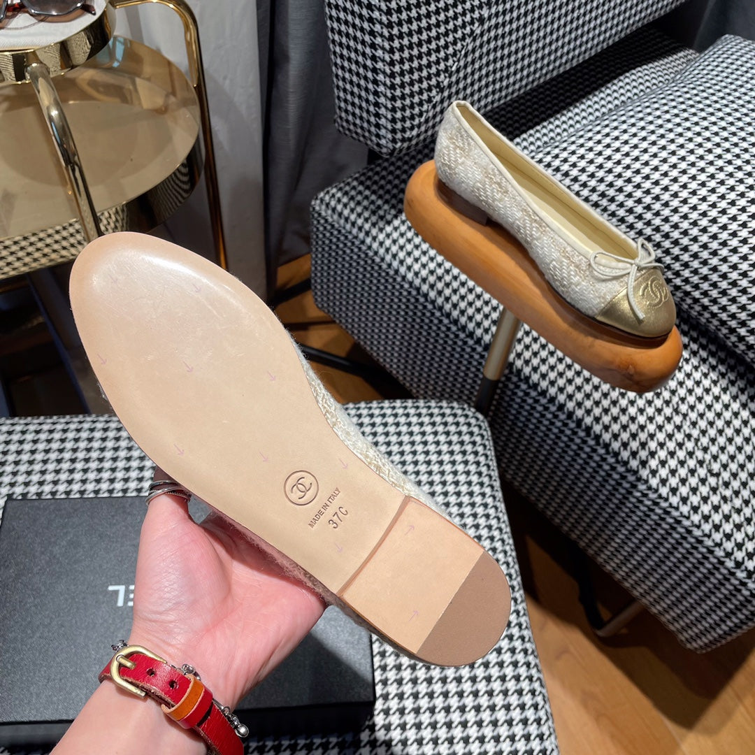 CHANEL ballet flat gold white tweed gold metalic calfskin