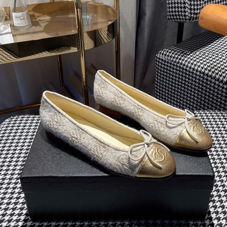 CHANEL ballet flat gold white tweed gold metalic calfskin