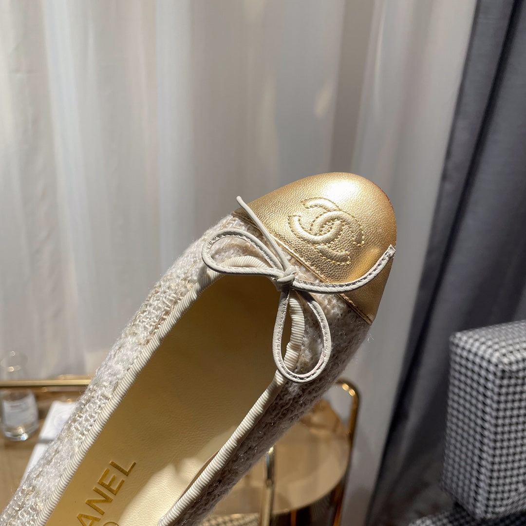 CHANEL ballet flat gold white tweed gold metalic calfskin