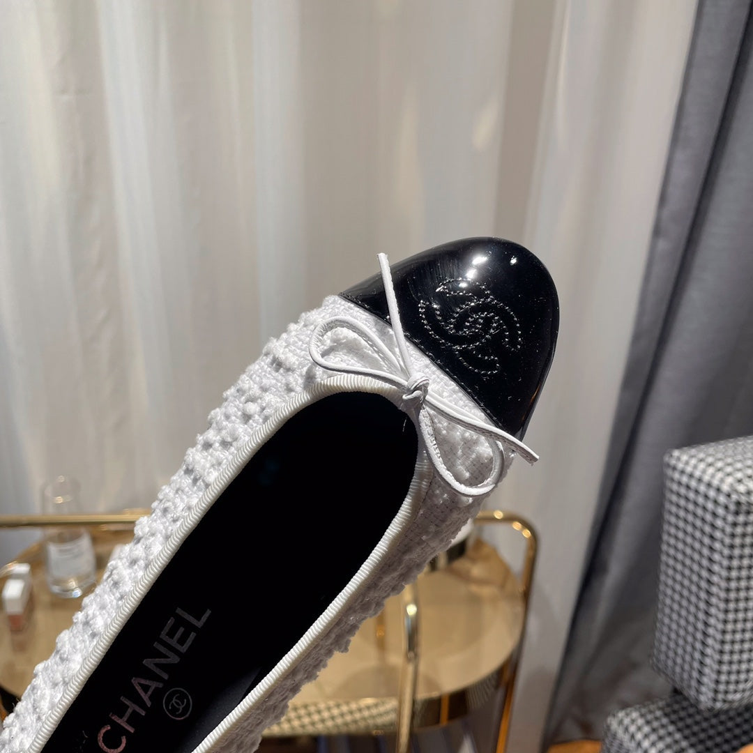 CHANEL ballet flat white tweed black patent calfskin