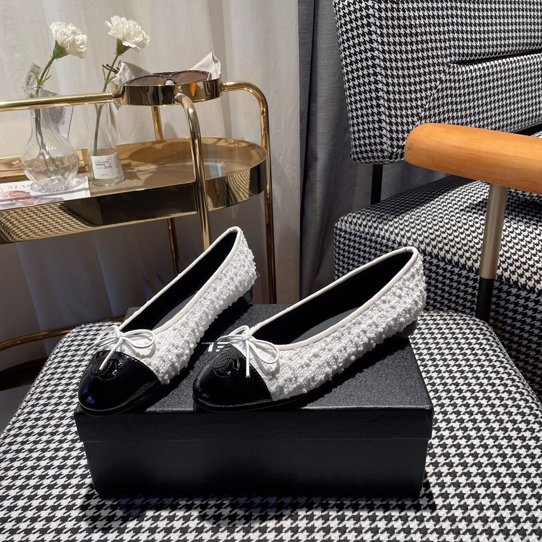 CHANEL ballet flat white tweed black patent calfskin