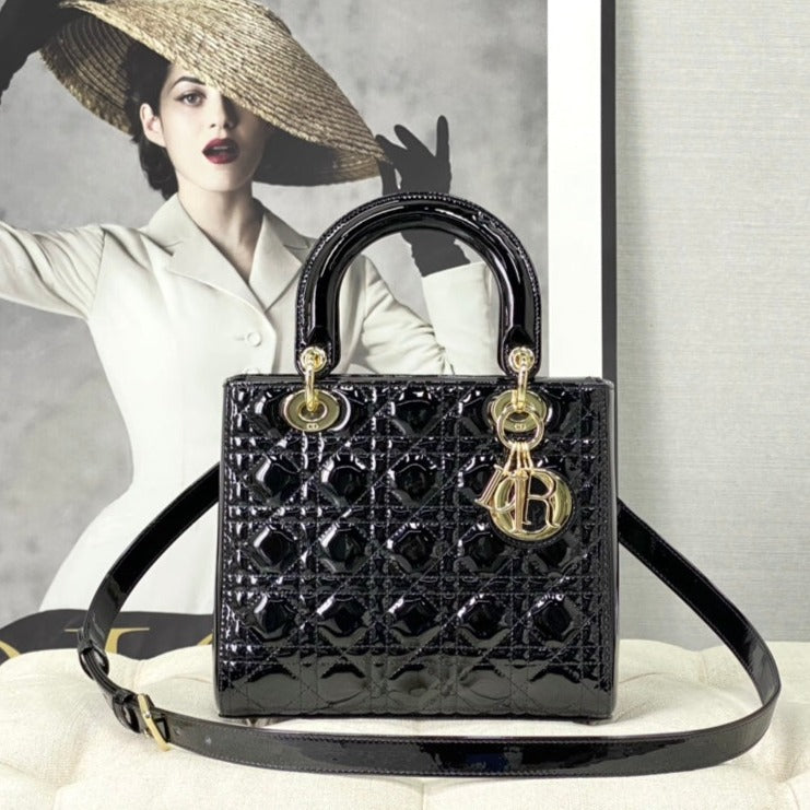 DIOR medium lady 24 black patent calfskin