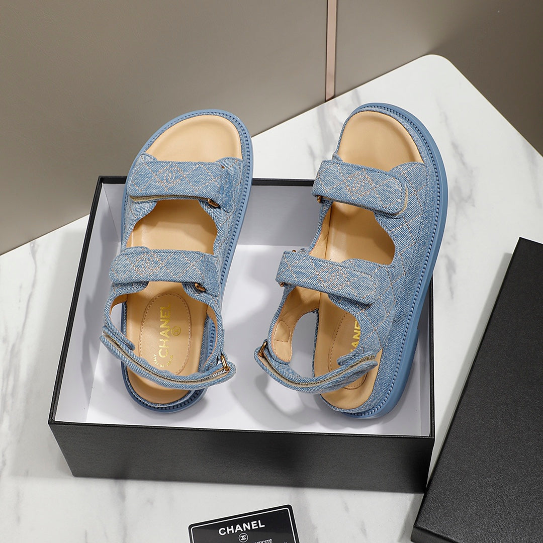 CHANEL 25S Dad Sandal Blue Denim Beige Calfskin