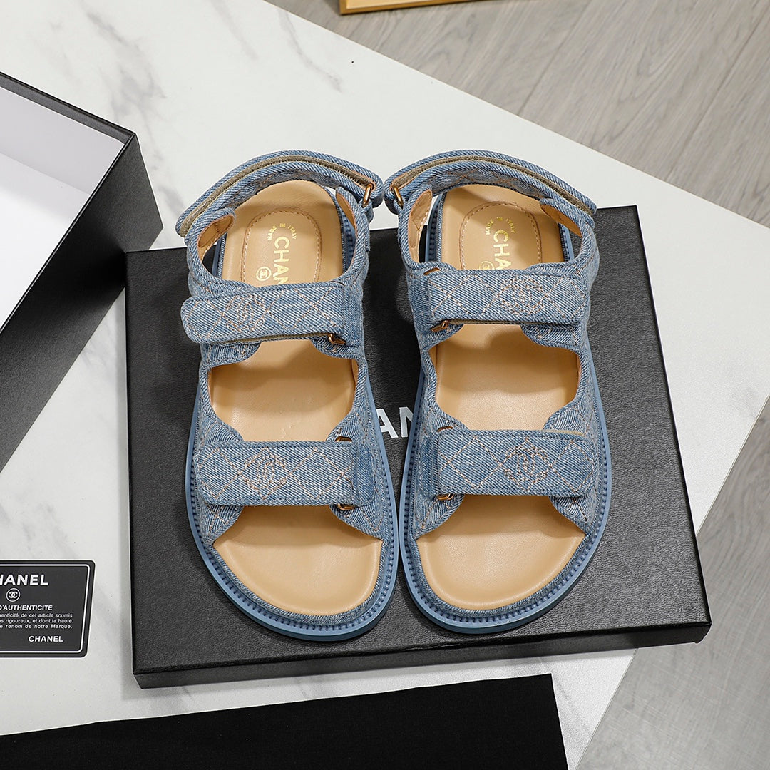 CHANEL 25S Dad Sandal Blue Denim Beige Calfskin