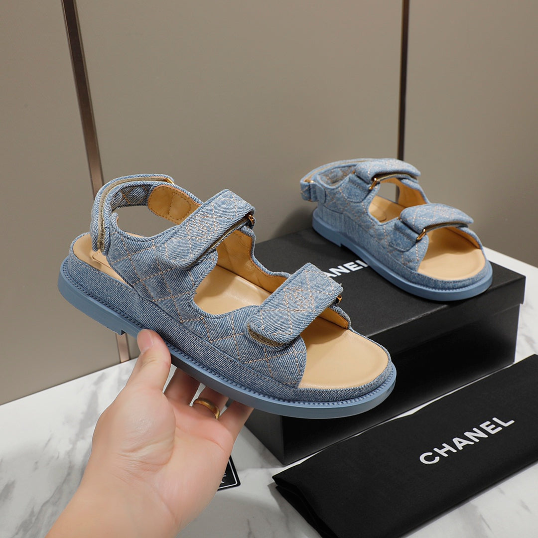 CHANEL 25S Dad Sandal Blue Denim Beige Calfskin