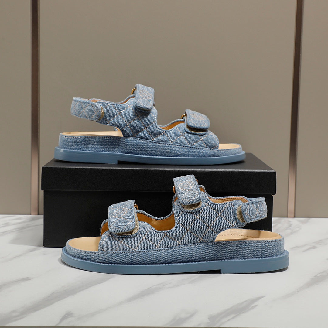 CHANEL 25S Dad Sandal Blue Denim Beige Calfskin