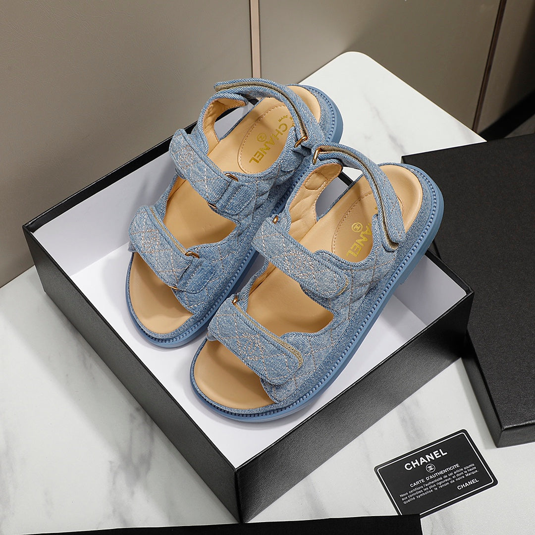 CHANEL 25S Dad Sandal Blue Denim Beige Calfskin