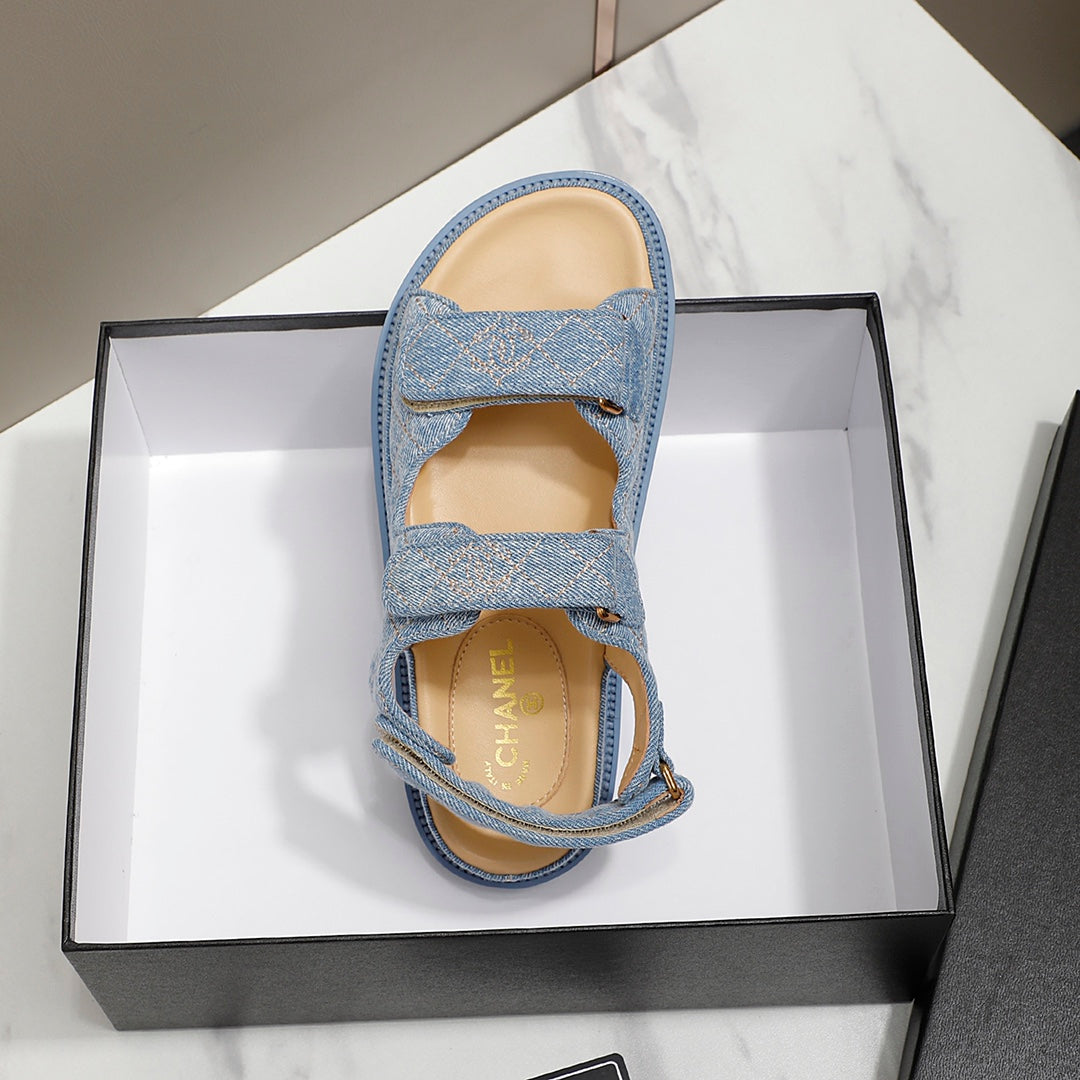 CHANEL 25S Dad Sandal Blue Denim Beige Calfskin