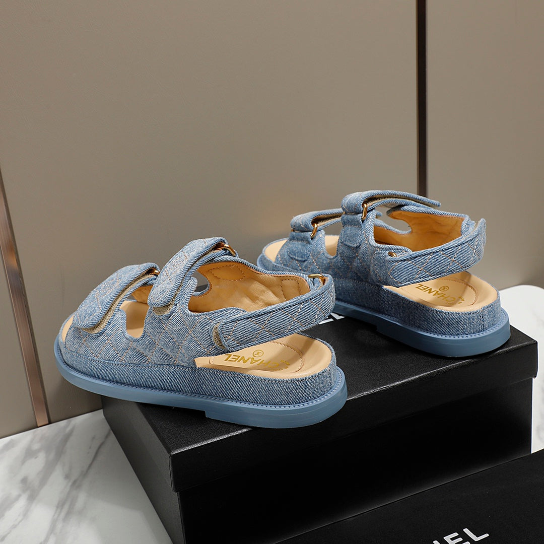 CHANEL 25S Dad Sandal Blue Denim Beige Calfskin