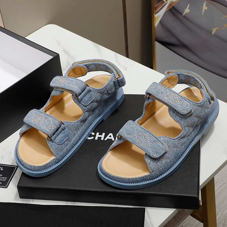 CHANEL 25S Dad Sandal Blue Denim Beige Calfskin
