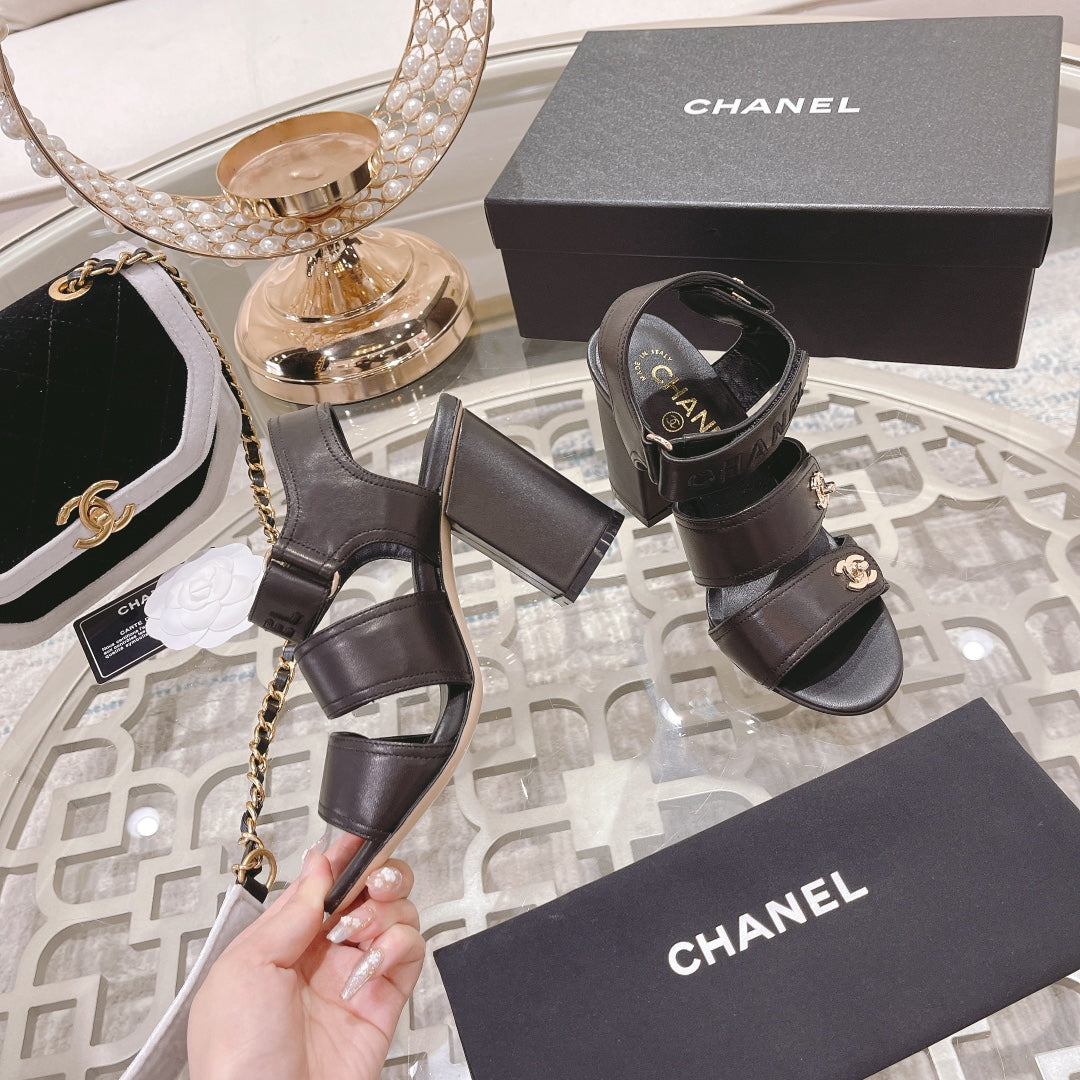 CHANEL 25C Three Strap Sandal High Heel Black Sheepskin 213350