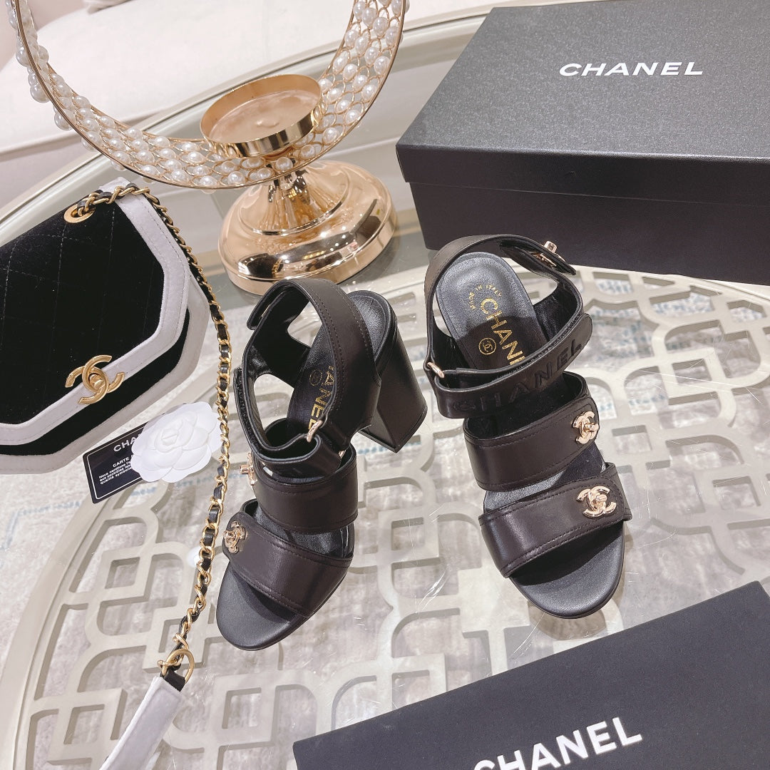 CHANEL 25C Three Strap Sandal High Heel Black Sheepskin 213350
