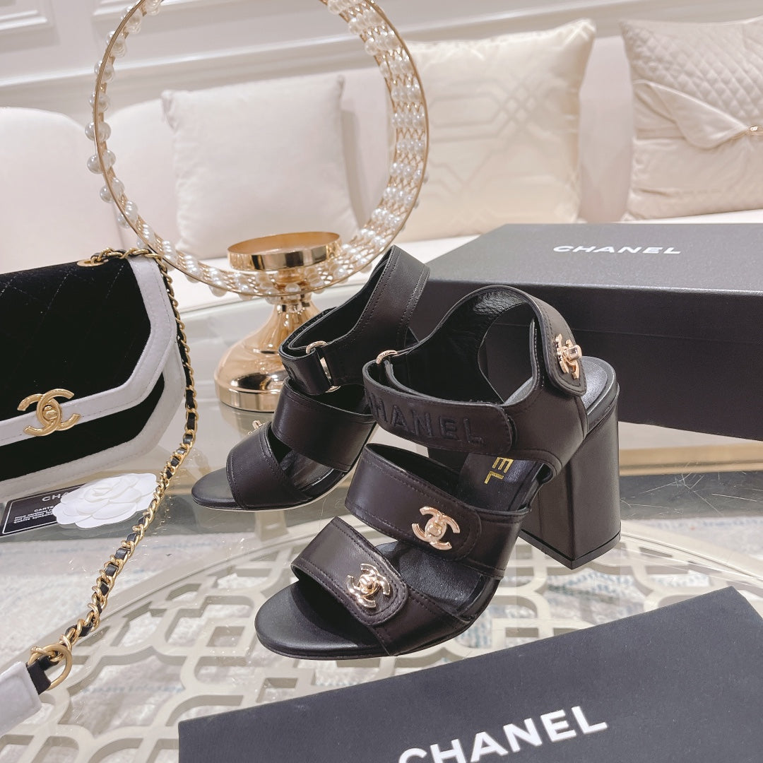 CHANEL 25C Three Strap Sandal High Heel Black Sheepskin 213350