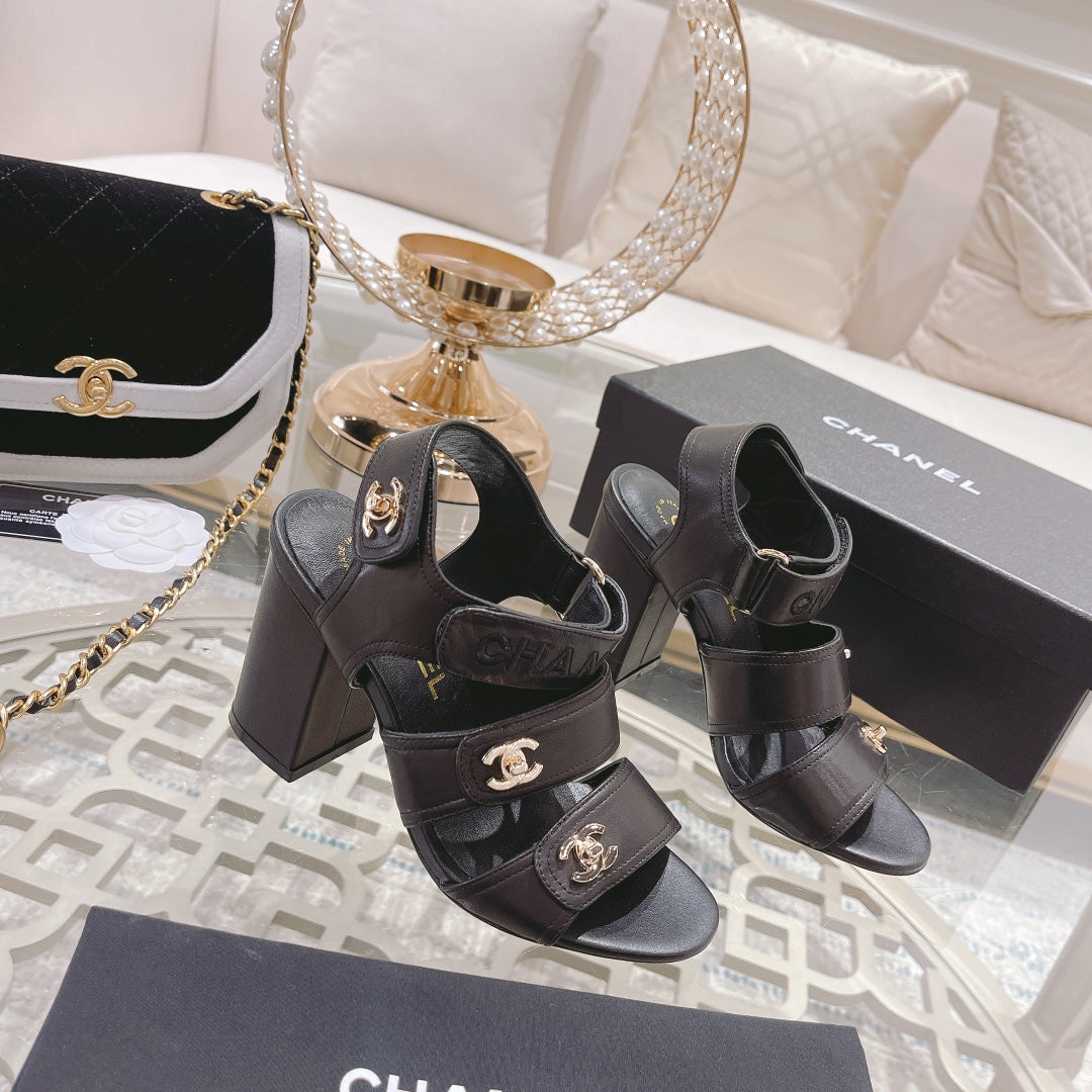 CHANEL 25C Three Strap Sandal High Heel Black Sheepskin 213350