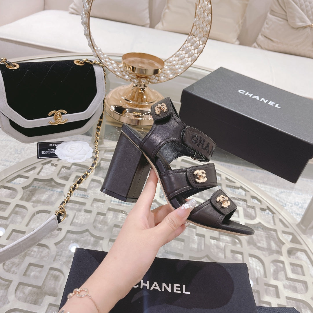 CHANEL 25C Three Strap Sandal High Heel Black Sheepskin 213350