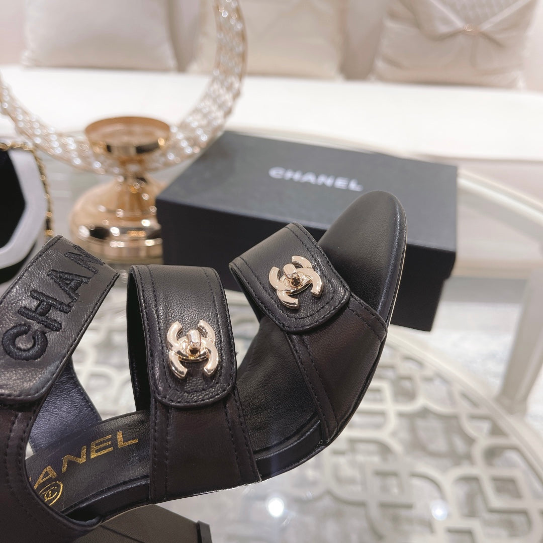 CHANEL 25C Three Strap Sandal High Heel Black Sheepskin 213350
