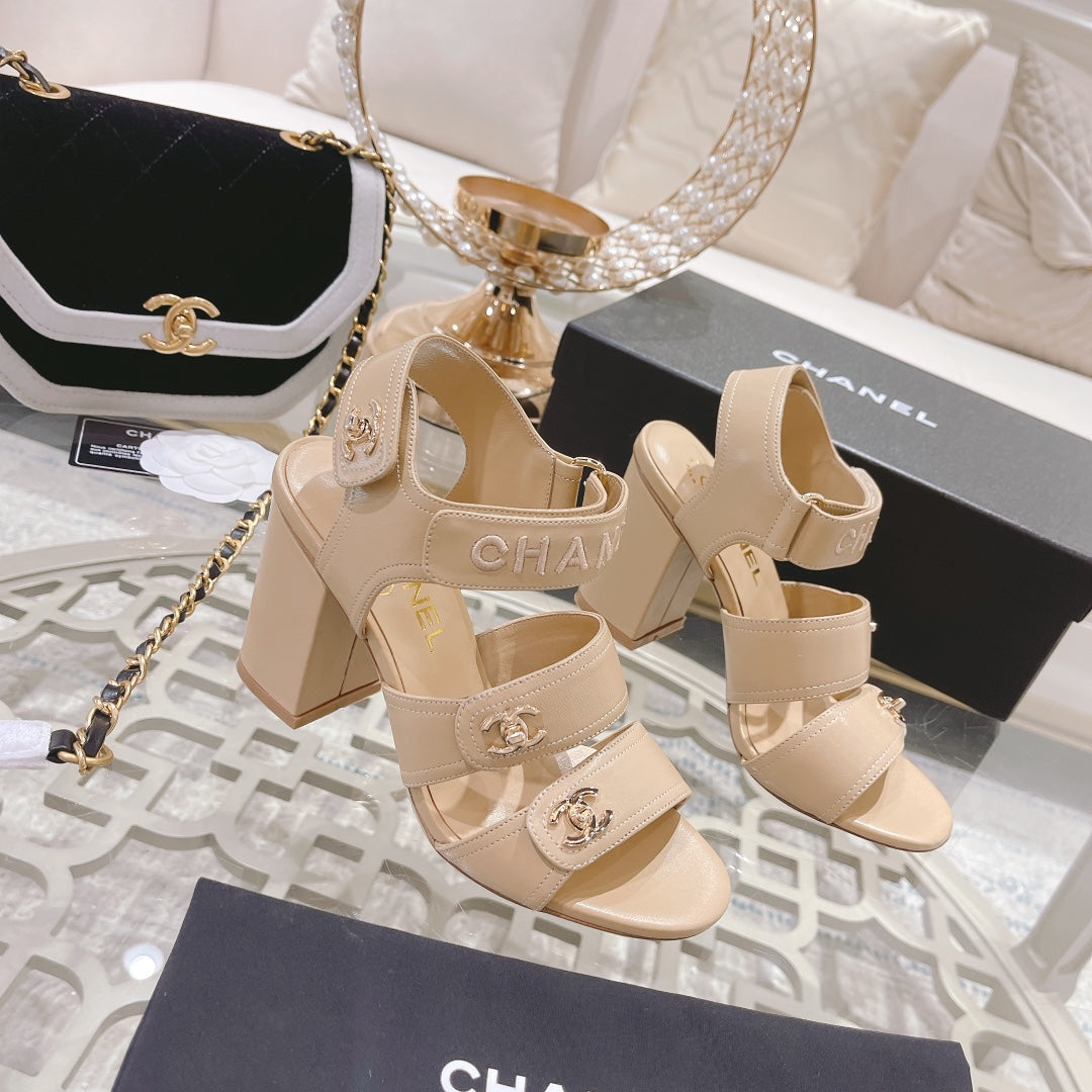 CHANEL 25C Three Strap Sandal High Heel Cream Sheepskin 213349