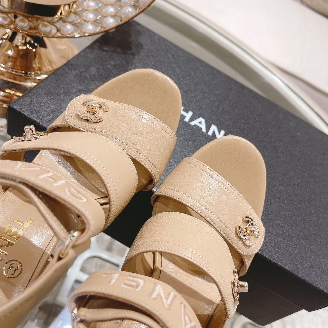 CHANEL 25C Three Strap Sandal High Heel Cream Sheepskin 213349