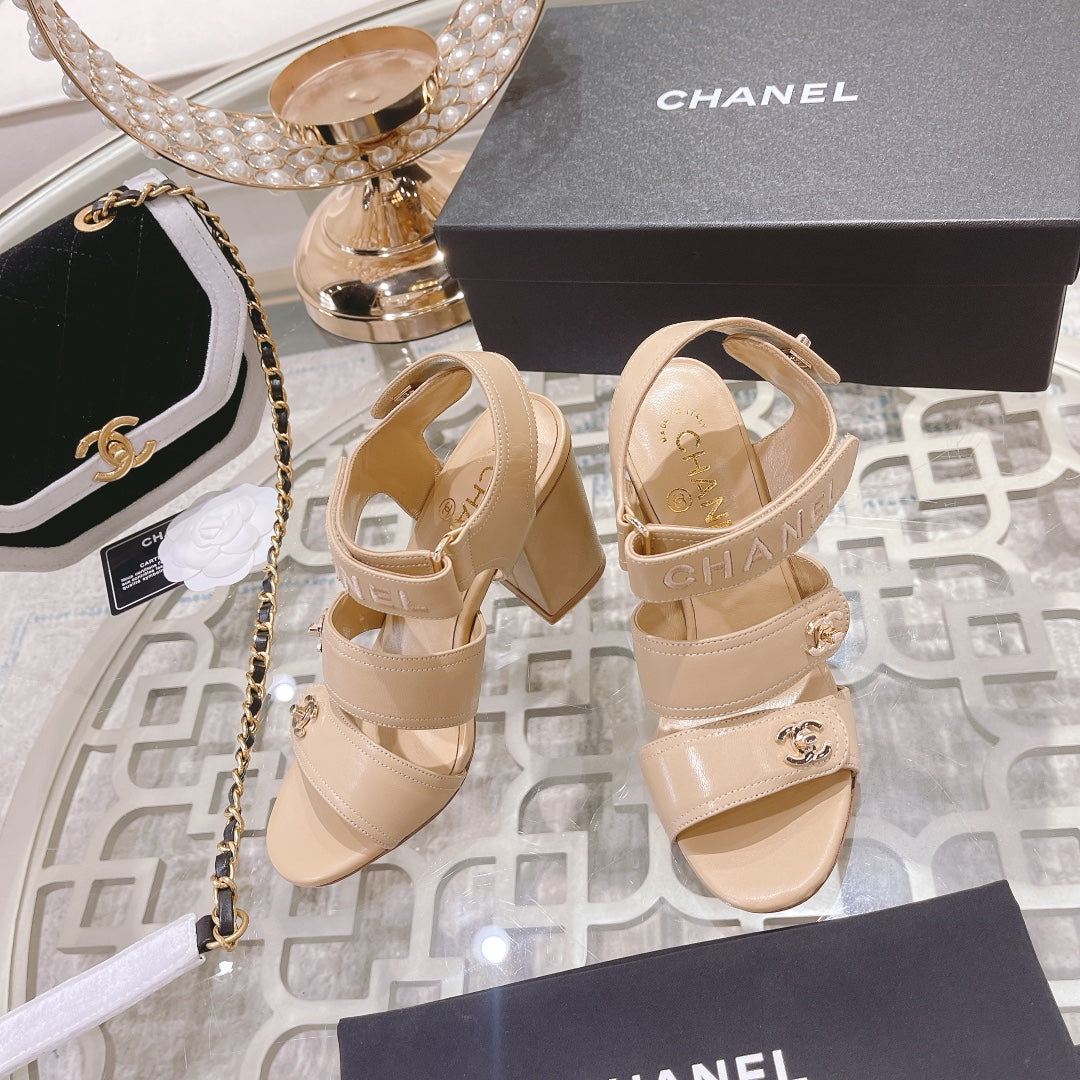 CHANEL 25C Three Strap Sandal High Heel Cream Sheepskin 213349