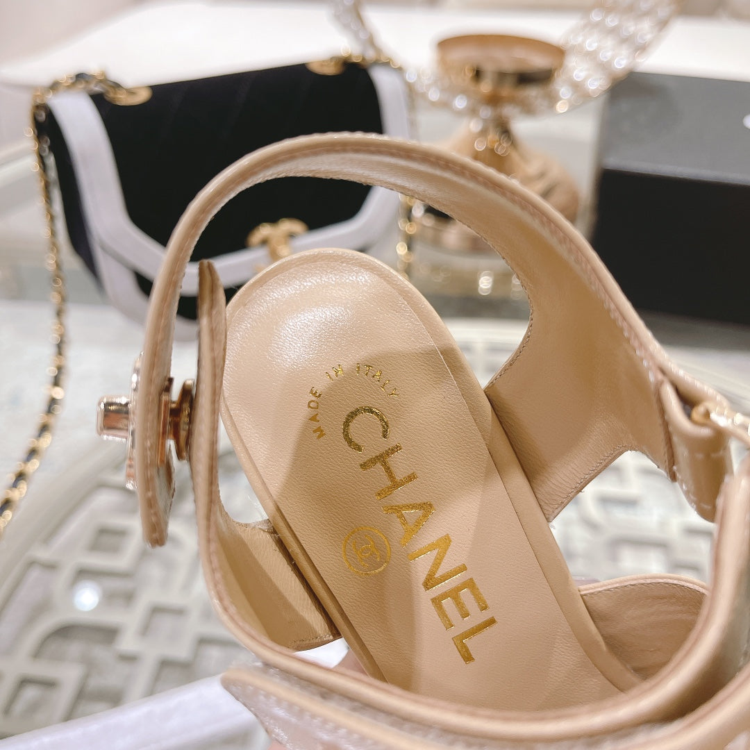 CHANEL 25C Three Strap Sandal High Heel Cream Sheepskin 213349