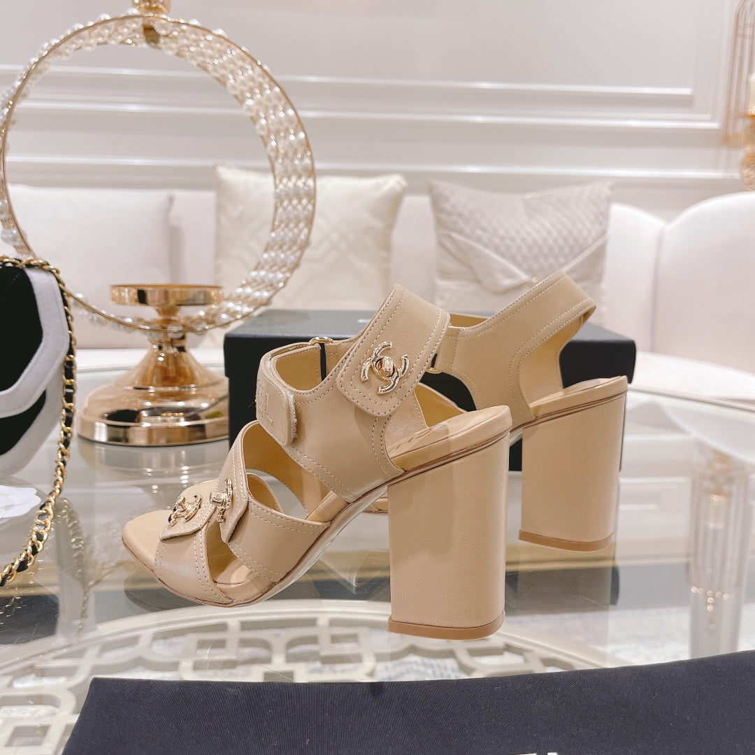 CHANEL 25C Three Strap Sandal High Heel Cream Sheepskin 213349