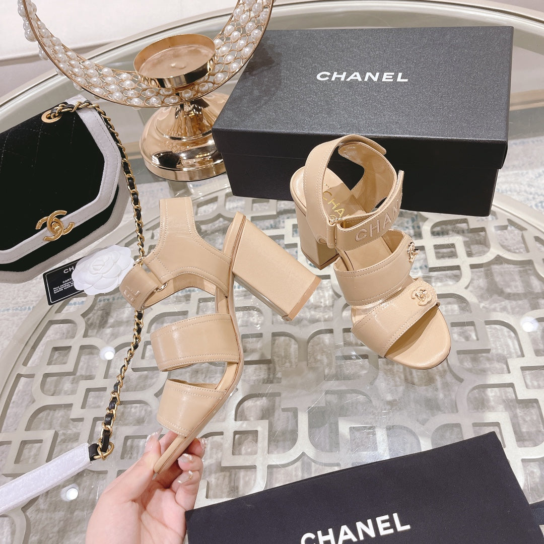 CHANEL 25C Three Strap Sandal High Heel Cream Sheepskin 213349